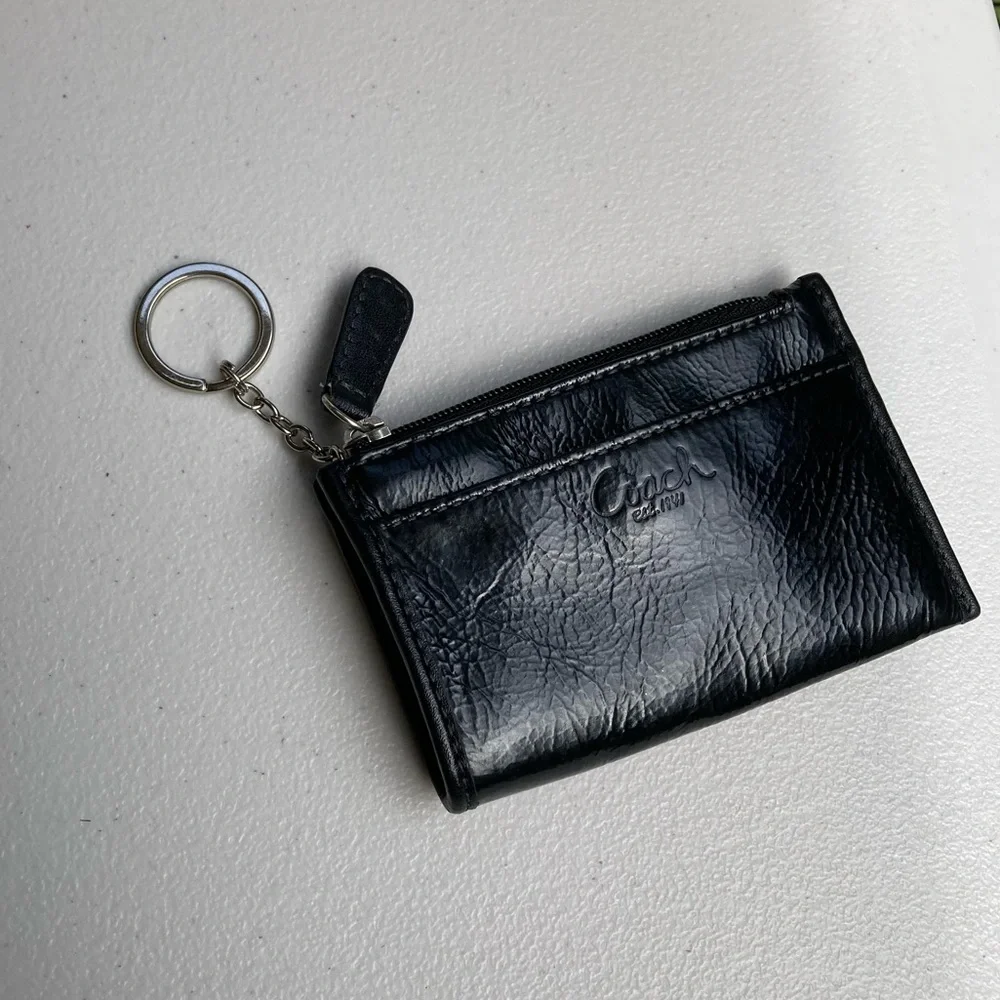 Coach Soft Black Patent Leather Key Chain Card ID Holder Bag Charm Zipper Pouch